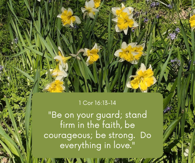 1 Cor 1613-14 Be on your guard; stand firm in the faith, be courageous; be strong. Do everything in love.